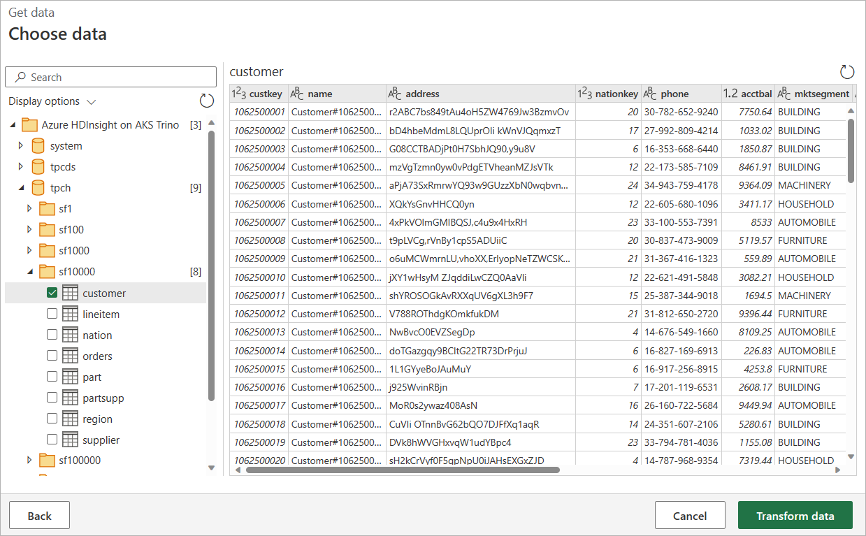 カタログとスキーマが選択され、データが表示されているオンライン ナビゲーターのスクリーンショット。