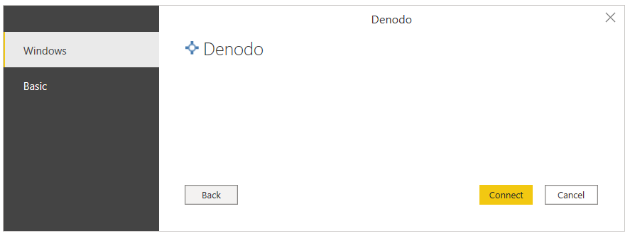 Power BI Desktop での Denodo Windows 認証。