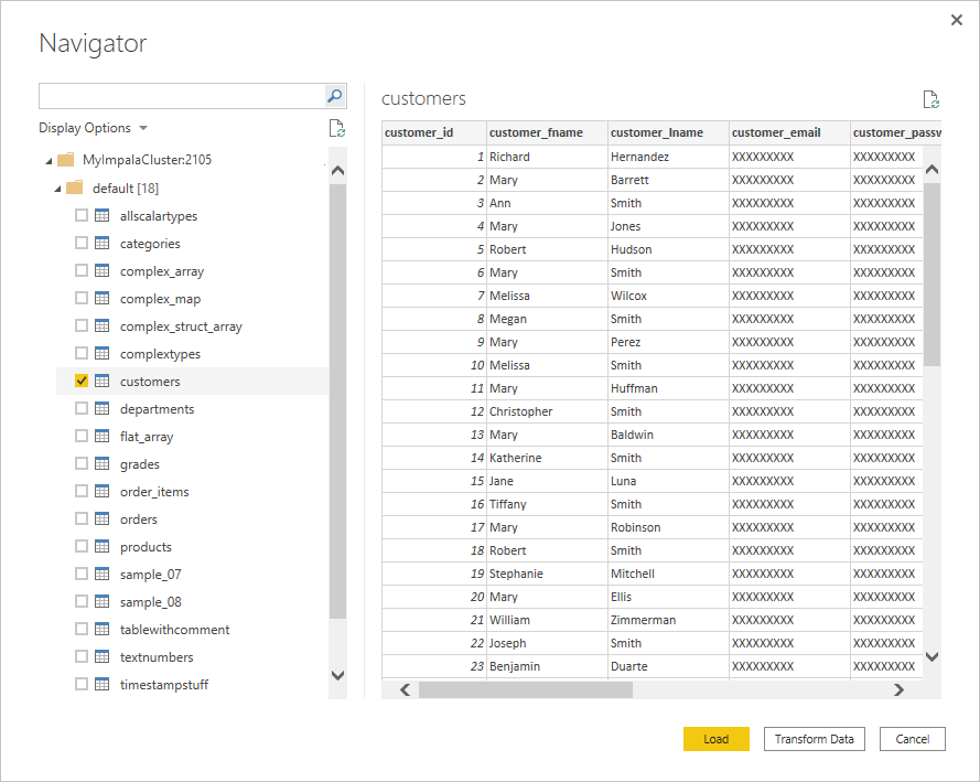 ナビゲーターの画像。左側に既定のデータベースと顧客データが選択され、右側に顧客データが表示されます。