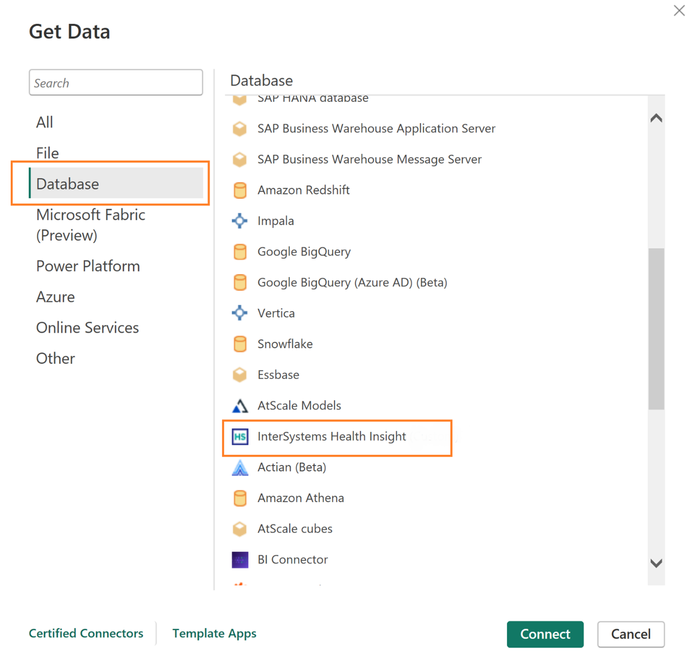 コネクタが強調された [データの取得] ダイアログのスクリーンショット。