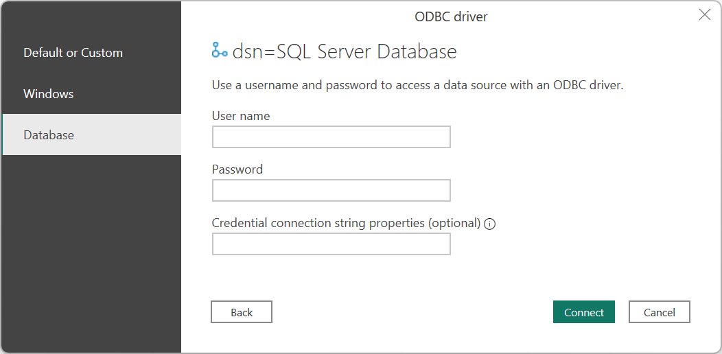 Power Query Desktop の [ODBC 認証] ダイアログのスクリーンショット。