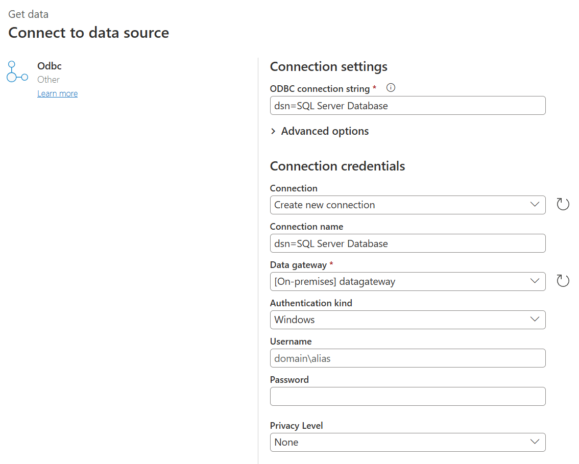 接続文字列が SQL Server データベースに設定されている ODBC ページのスクリーンショット。