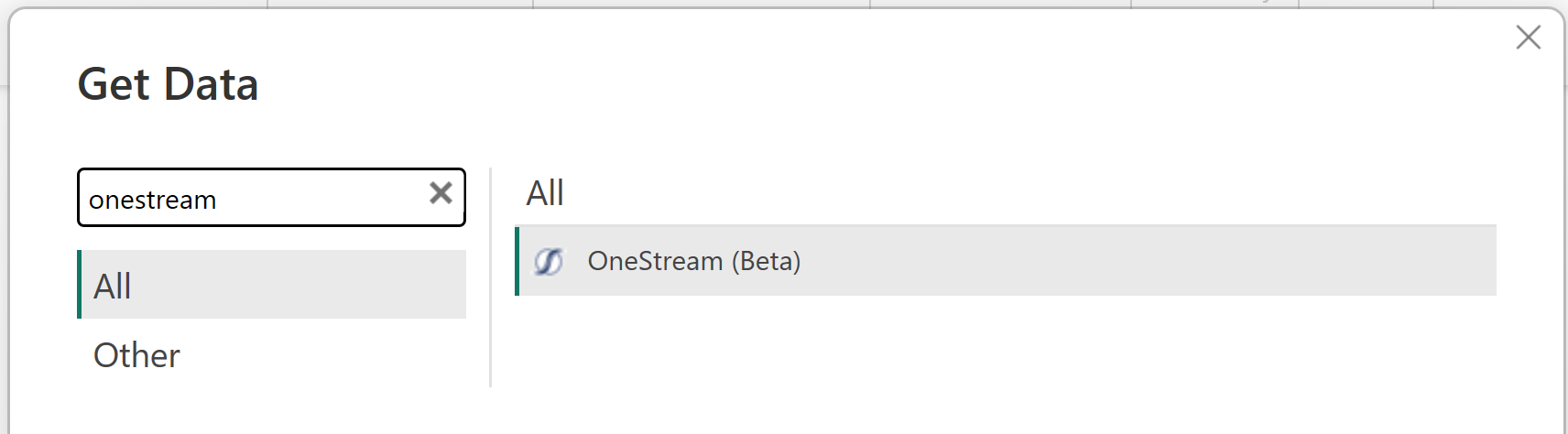 検索ボックスに OneStream が入力された [データの取得] ダイアログのスクリーンショット。