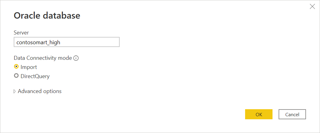 「サーバー名がcontosomart_high」に設定され、「インポートモード」が選択されているOracleデータベースダイアログボックスの画像。
