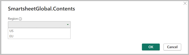米国または EU のいずれかを選択する [リージョンの選択] ダイアログのスクリーンショット。