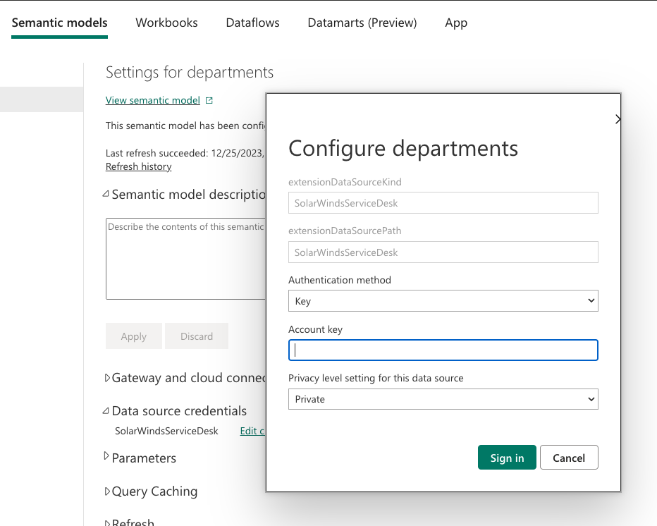 データ ソースの資格情報を設定するスクリーンショット。