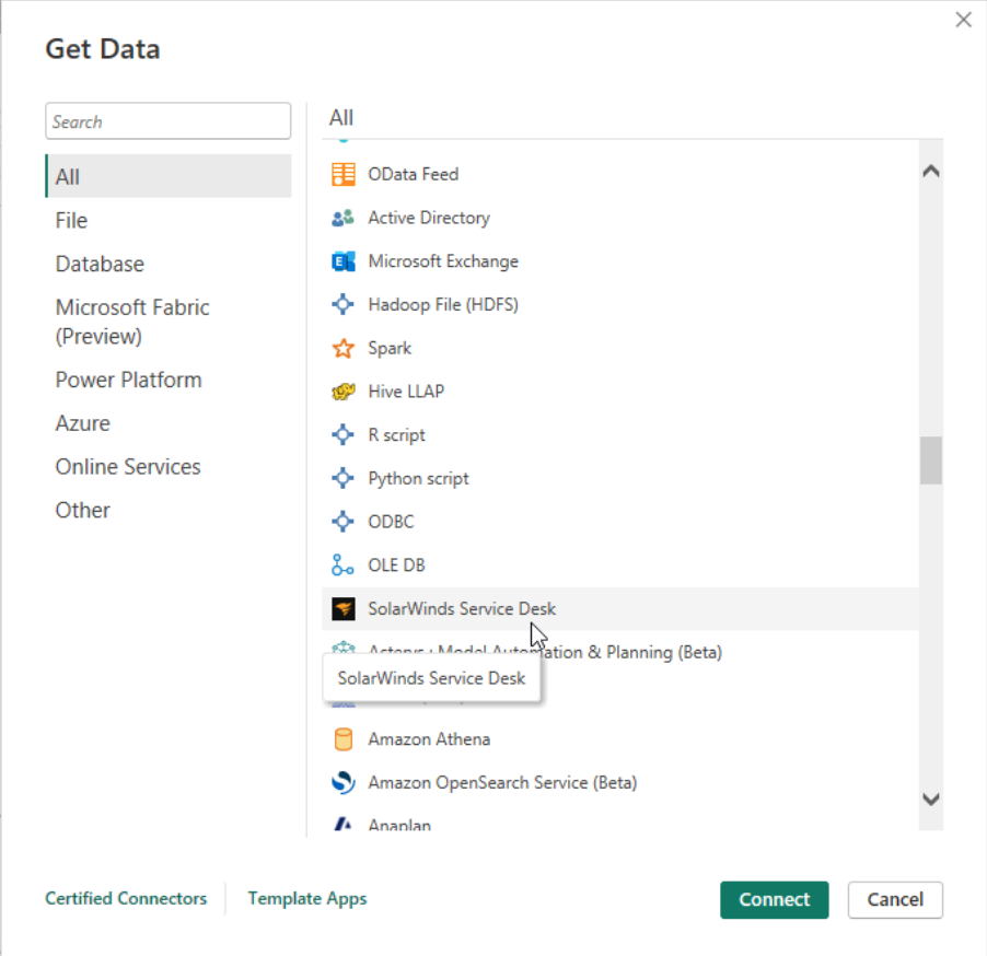 SolarWinds サービス デスクからデータを取得するのスクリーンショット。