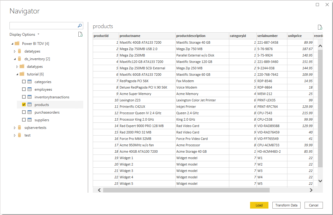 TDV の製品データを示す Power Query Desktop Navigator。