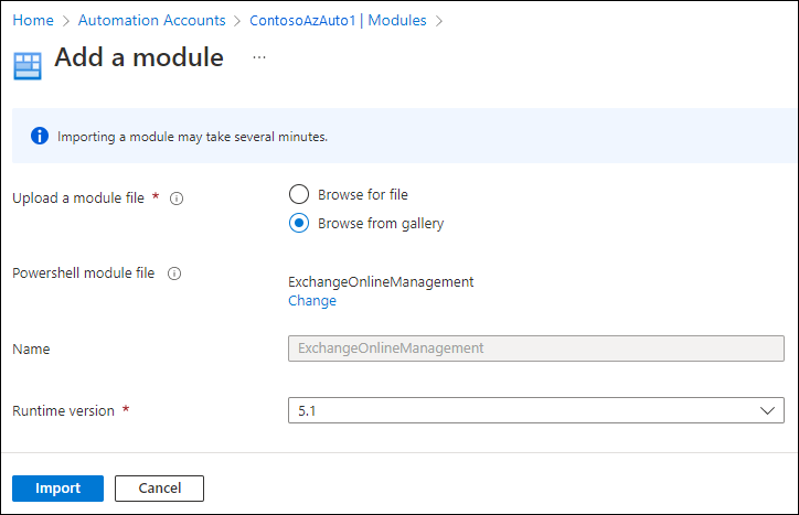 Azure portalの Automation アカウントにモジュールを追加するスクリーンショット。