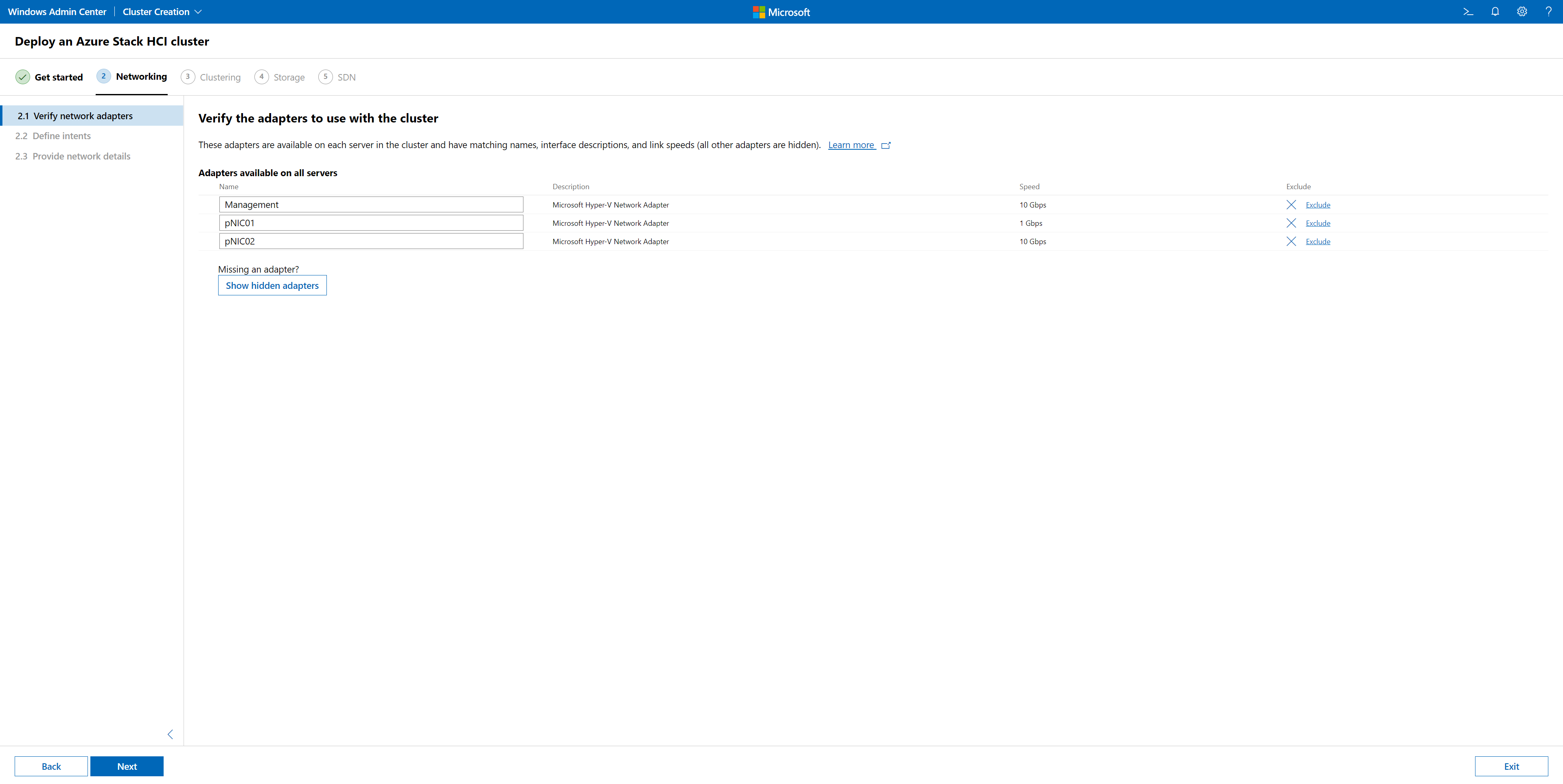 Create cluster wizard - Verify network adapters