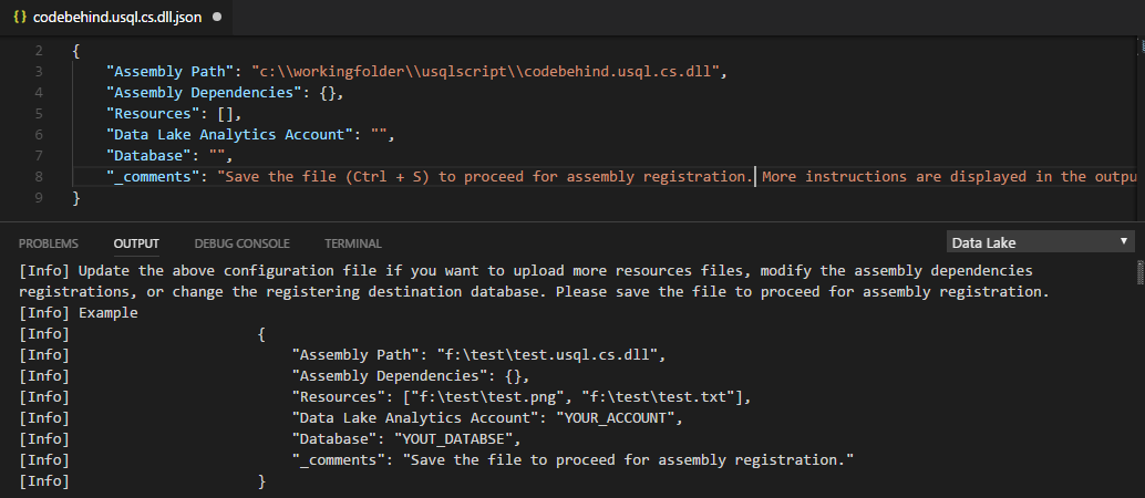 アセンブリの依存関係とリソース パラメーターを含む JSON ファイル