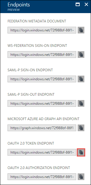 OAuth 2.0 トークン エンドポイントのコピーのアイコンが強調表示されている [エンドポイント] ブレードのスクリーンショット。
