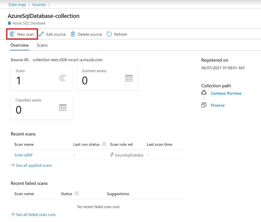 新しいスキャン ボタンが強調表示されているソース Microsoft Purview ポータル ウィンドウのスクリーンショット。