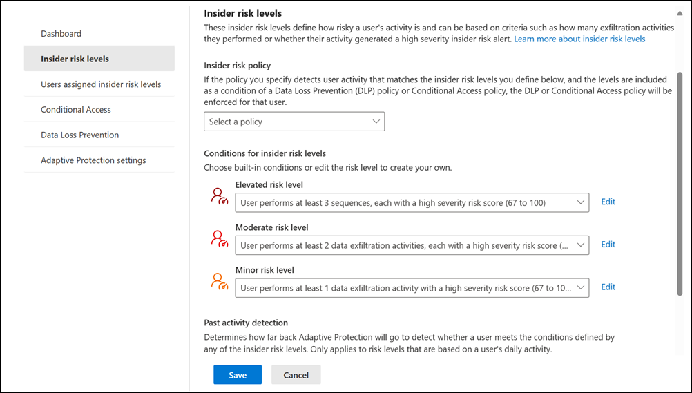 Insider Risk Management Adaptive Protection のインサイダー リスク レベル。