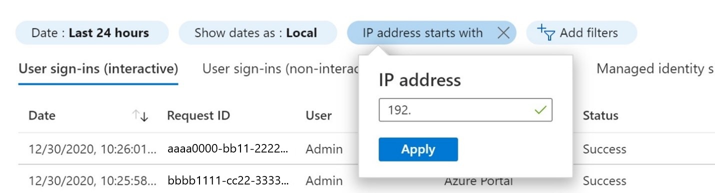 特定の IP アドレスでサインインを検索する方法を示すスクリーンショット。
