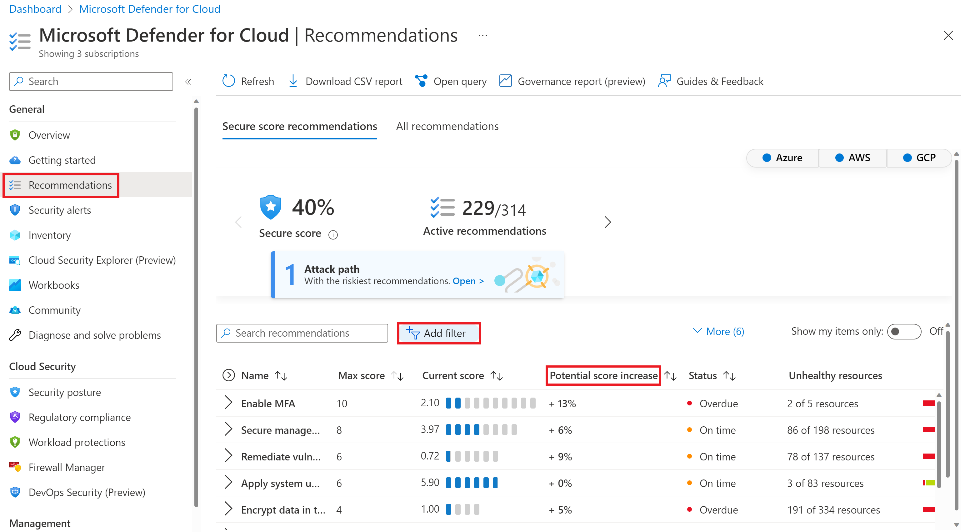 Microsoft Defender for Cloud の推奨事項の例のスクリーンショット。