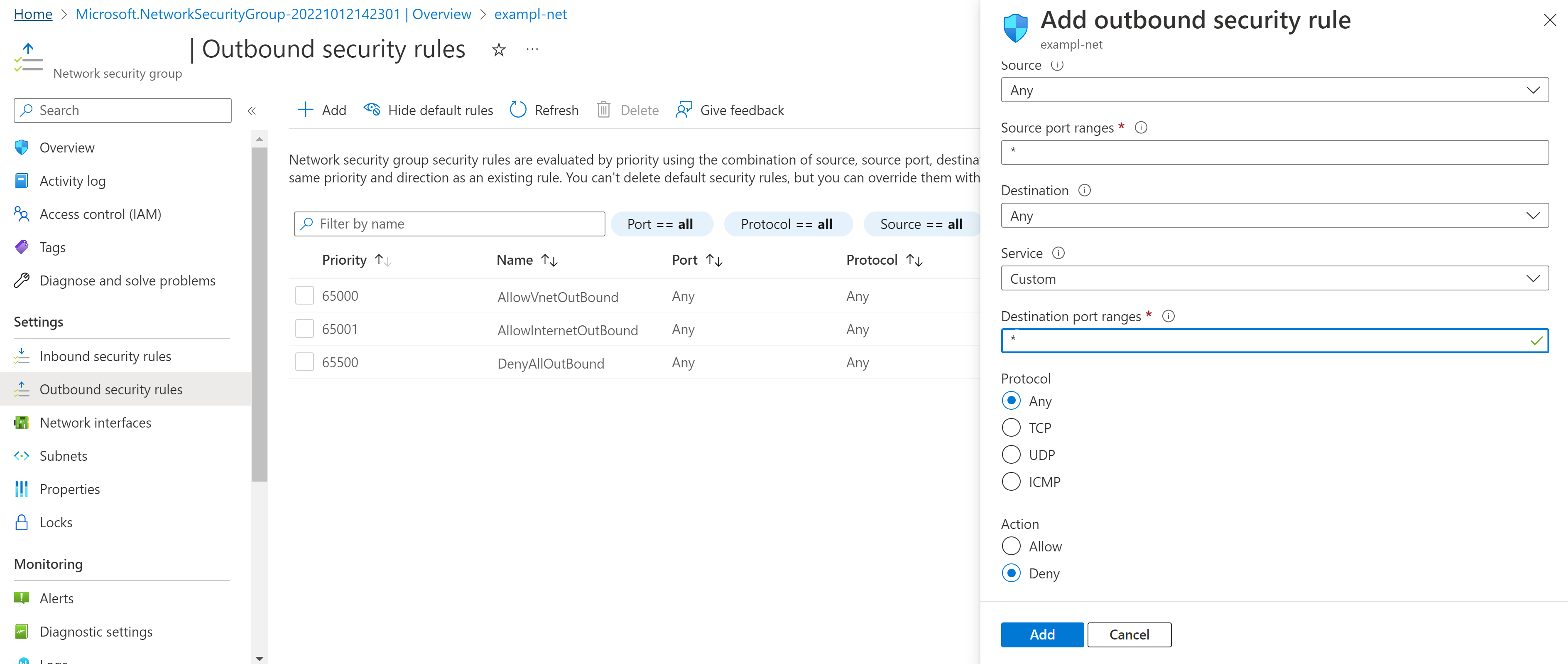 アウトバウンド セキュリティ規則の例のスクリーンショット。