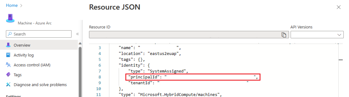 マシン定義の JSON ビューにおけるポータルコントロールのスクリーンショット。