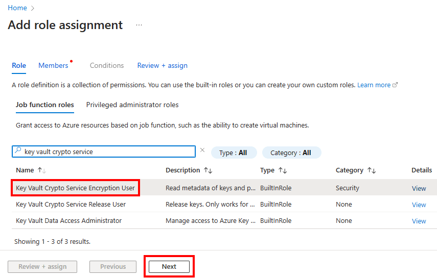 Azure portal のロールの割り当ての選択のスクリーンショット。