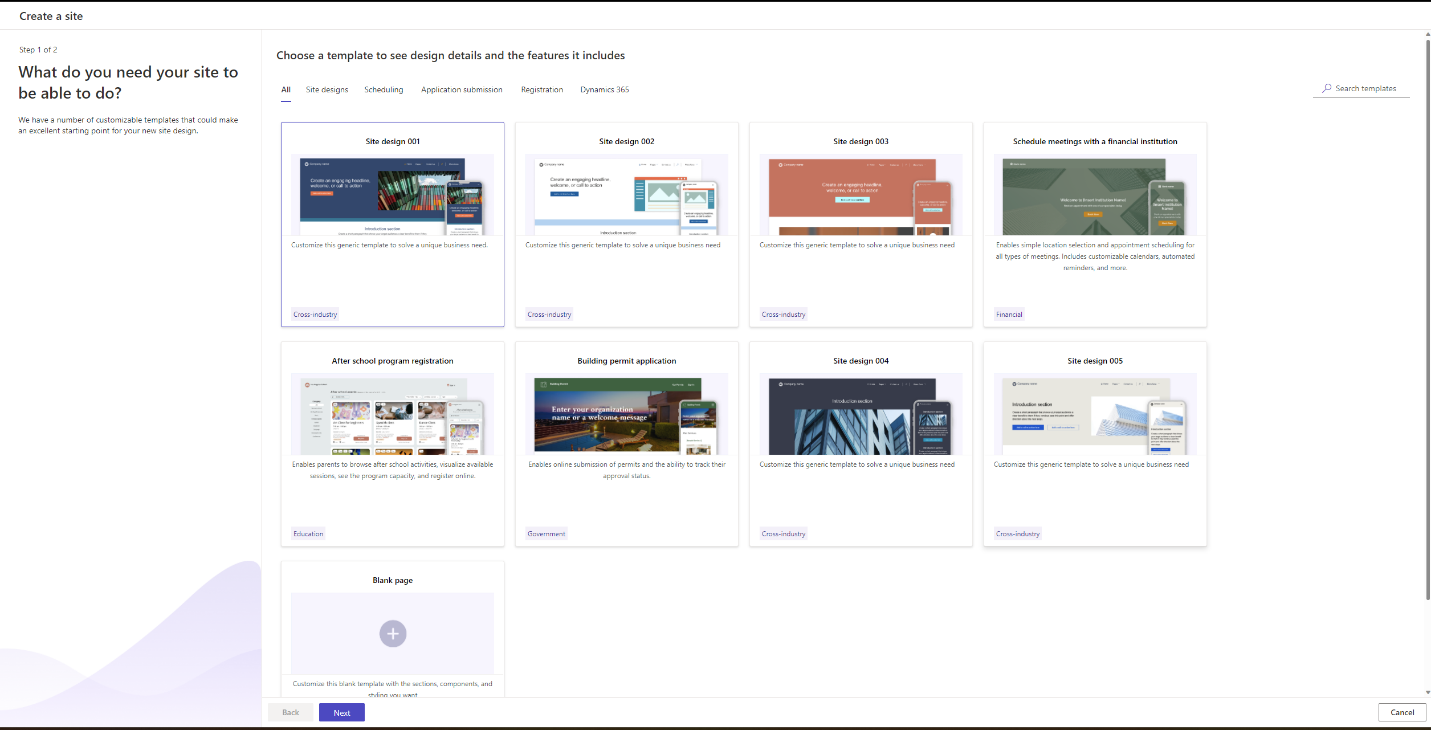 Power Pages の [サイト ページの作成] のスクリーンショット。