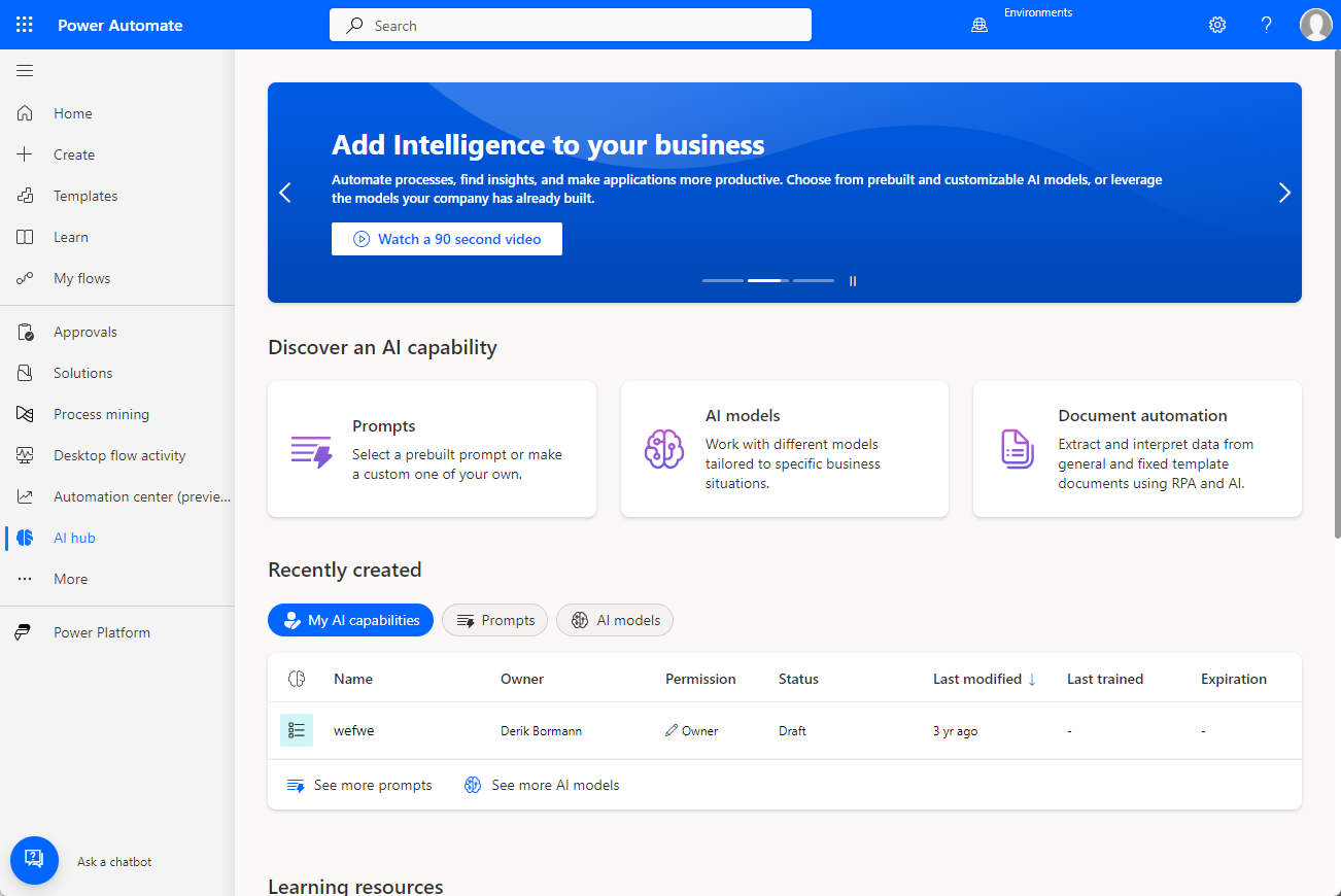 テンプレート ソリューションも示している、AI Builder ホーム ページのスクリーンショット。