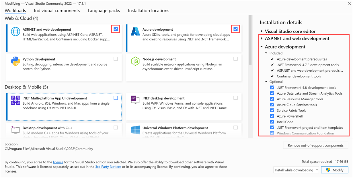 asp dot net と Azure 開発ワークロードが強調表示されている Visual Studio 2022 のスクリーンショット。
