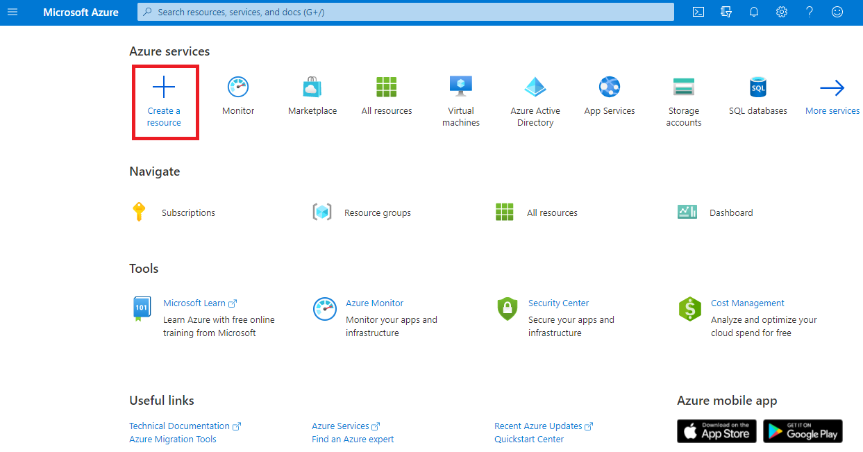 Azure portal メニューのスクリーンショット。リソースオプションを作成します。