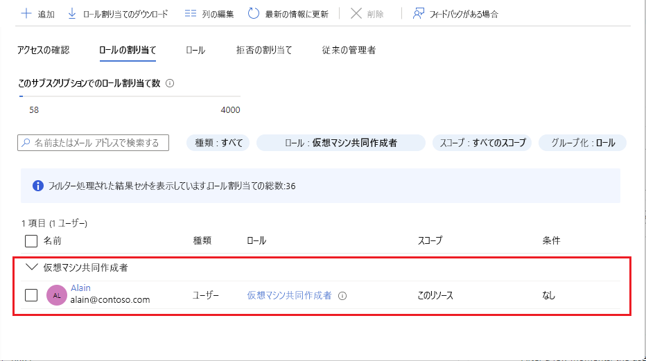 ユーザーに割り当てられている仮想マシン共同作成者ロールを示すスクリーンショット。