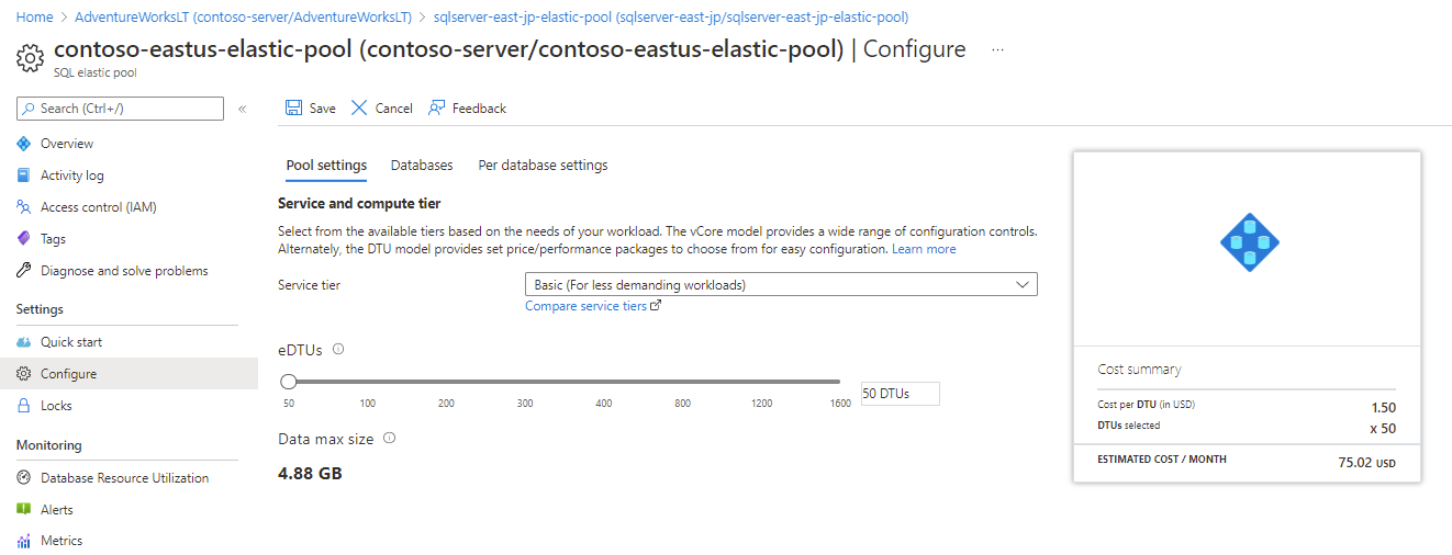 エラスティック プールの構成を示す Azure portal のページ