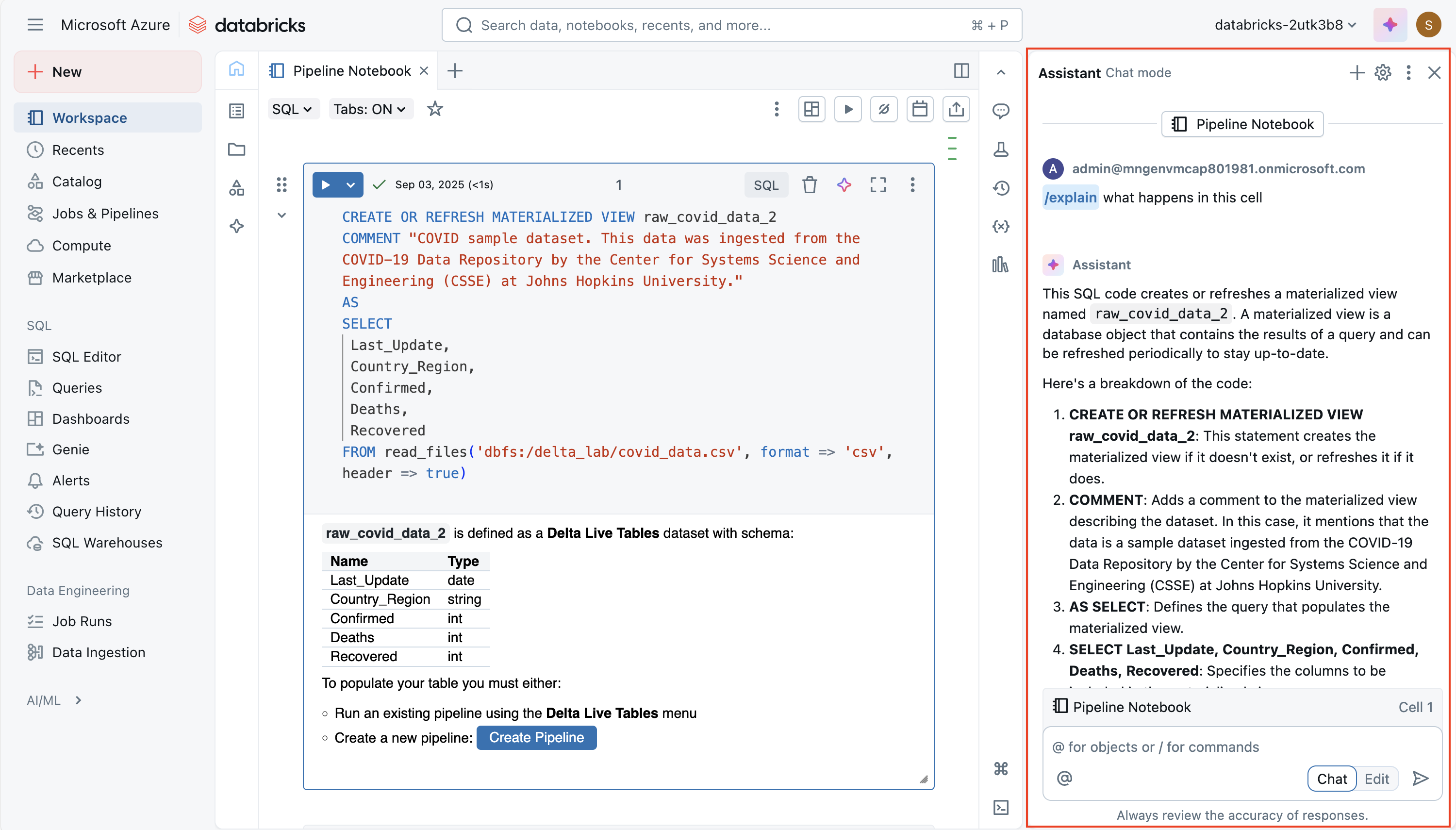 Azure Databricks Notebook の AI アシスタントのスクリーンショット。