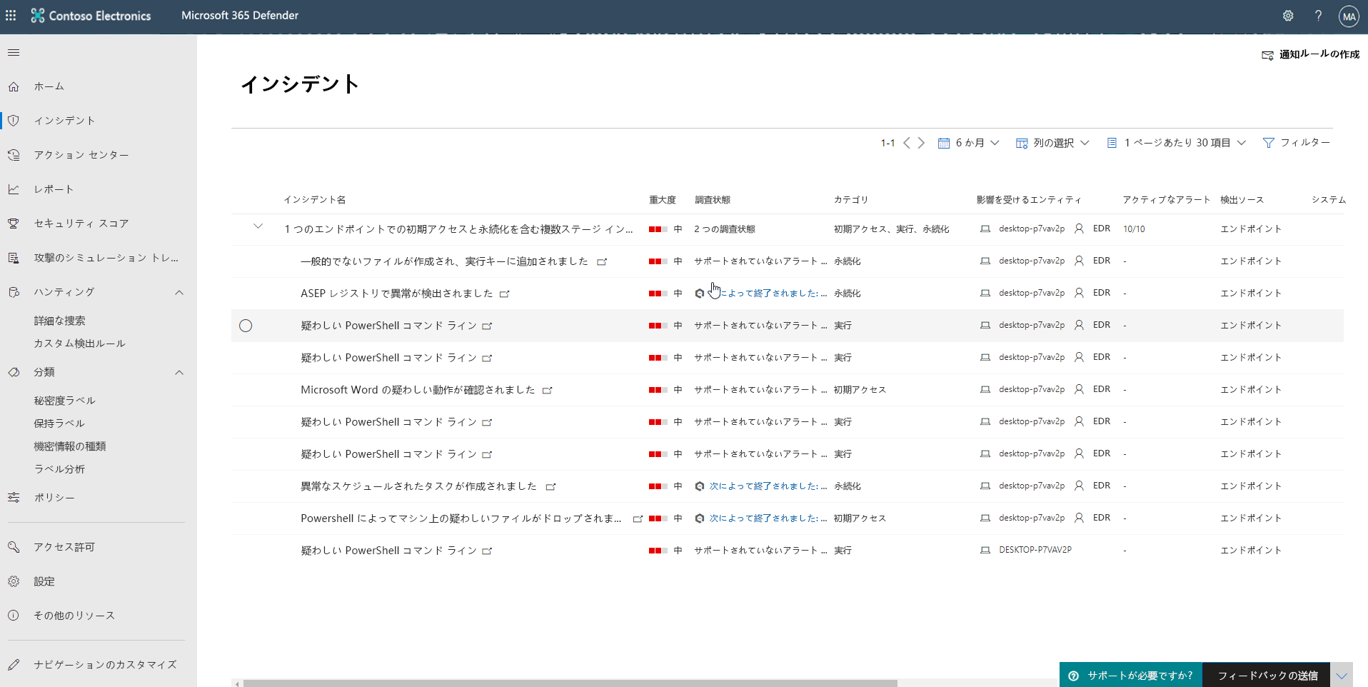 関連インシデント レコードのスクリーンショット。