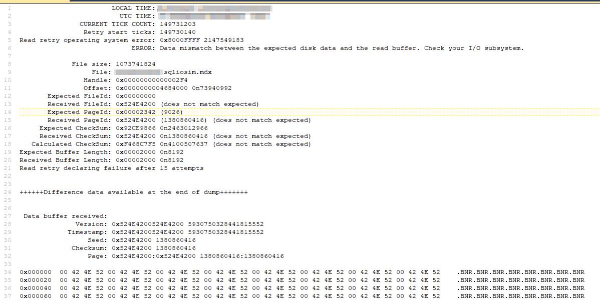 拡張出力のスクリーンショット。UTC 時刻、16 進数と 10 進数、タイムスタンプ/ティック数、BNR、ページ ヘッダーの展開が含まれます。