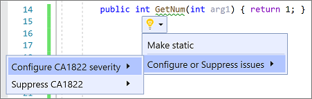 Visual Studio 2019 の電球メニューからルールの重大度を構成する方法を示すスクリーンショット。
