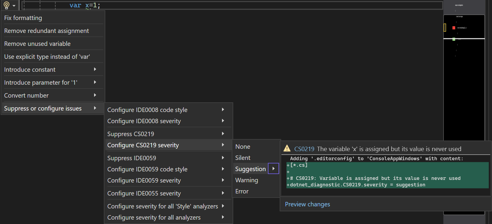 Visual Studio 2022 のメニューから選択されたルールの重大度を示すスクリーンショット。