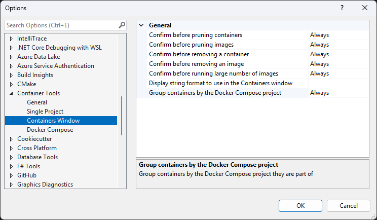 [コンテナー] ウィンドウで使用できる設定を示す Visual Studio Container Tools のオプションのスクリーンショット。