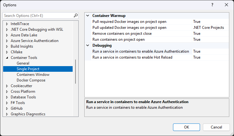 Visual Studio 2022 Container Tools オプションのスクリーンショット。