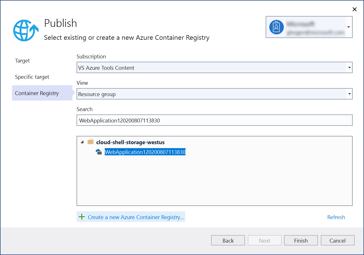 Azure Container Registry が作成されていることを示す [発行] ダイアログのスクリーンショット。