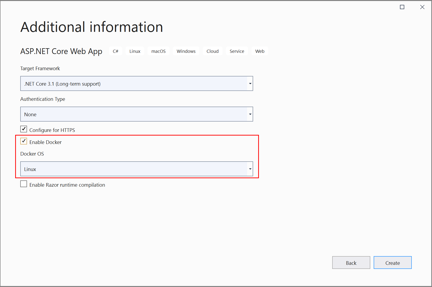 [Docker サポートを有効にする] チェック ボックスのスクリーンショット。