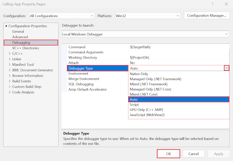 Visual Studio で C++ プロジェクトの混合モード デバッグを有効にする方法を示すスクリーンショット。