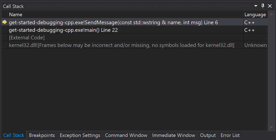 Visual Studio で呼び出し履歴を調べる方法を示すスクリーンショット。