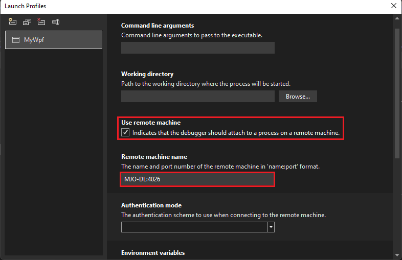 C# および .NET の Visual Studio プロジェクトプロパティのデバッグ起動プロファイル UI のスクリーンショット。
