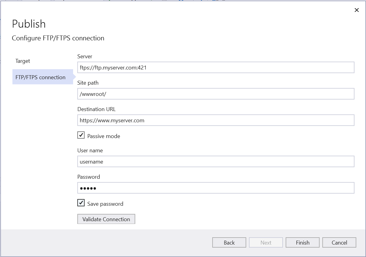 FTP または FTPS サーバーに発行するための発行ウィザード画面を示すスクリーンショット。