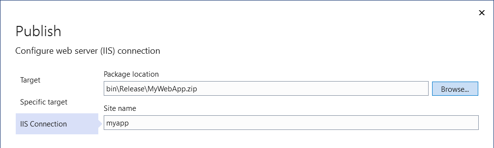 Web 配置パッケージ オプションを使用して IIS に発行する発行ウィザード画面を示すスクリーンショット。