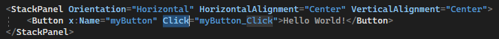 XAML エディターの Button の XAML コードを示すスクリーンショット。ボタンのクリック イベントが強調表示されています。