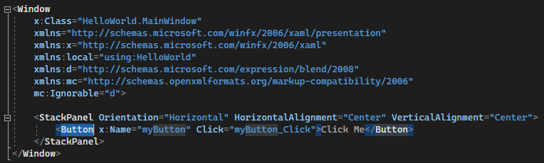 XAML エディターで [ボタン] が強調表示されているスクリーンショット。