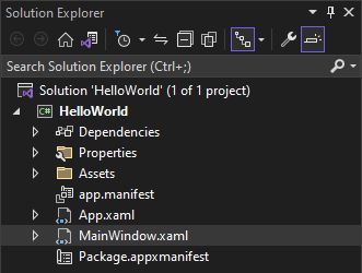 HelloWorld プロジェクトのプロパティ、参照、アセット、ファイルを示すソリューション エクスプローラー ウィンドウのスクリーンショット。MainWindow.xaml ファイルが選択されています。