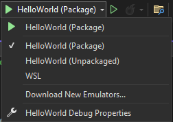 [HelloWorld (パッケージ)]が選択されている [再生] ボタンの横にドロップダウン ボックスが開いているスクリーンショット。