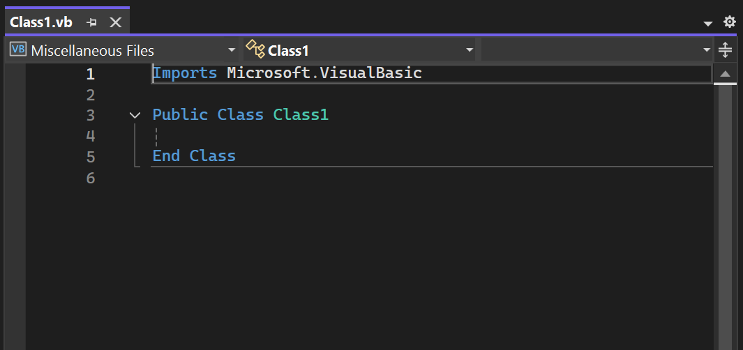 Visual Studio コード エディターの新しい Visual Basic クラス ファイルのスクリーンショット。