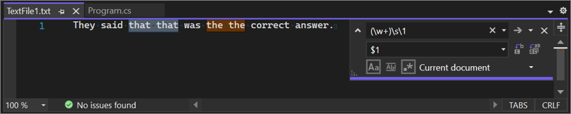 Visual Studio の番号付きキャプチャ グループを示すクイック 置換のスクリーンショット。