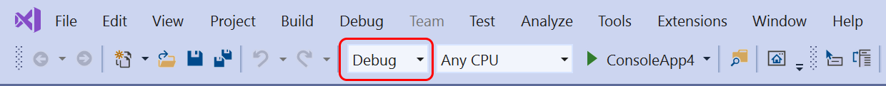 Visual Studio のメイン ツール バーのアクティブな構成を示すスクリーンショット。